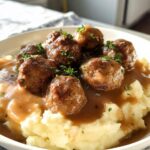 Salisbury Steak Meatballs with Garlic Herb Mashed Potatoes - Featured