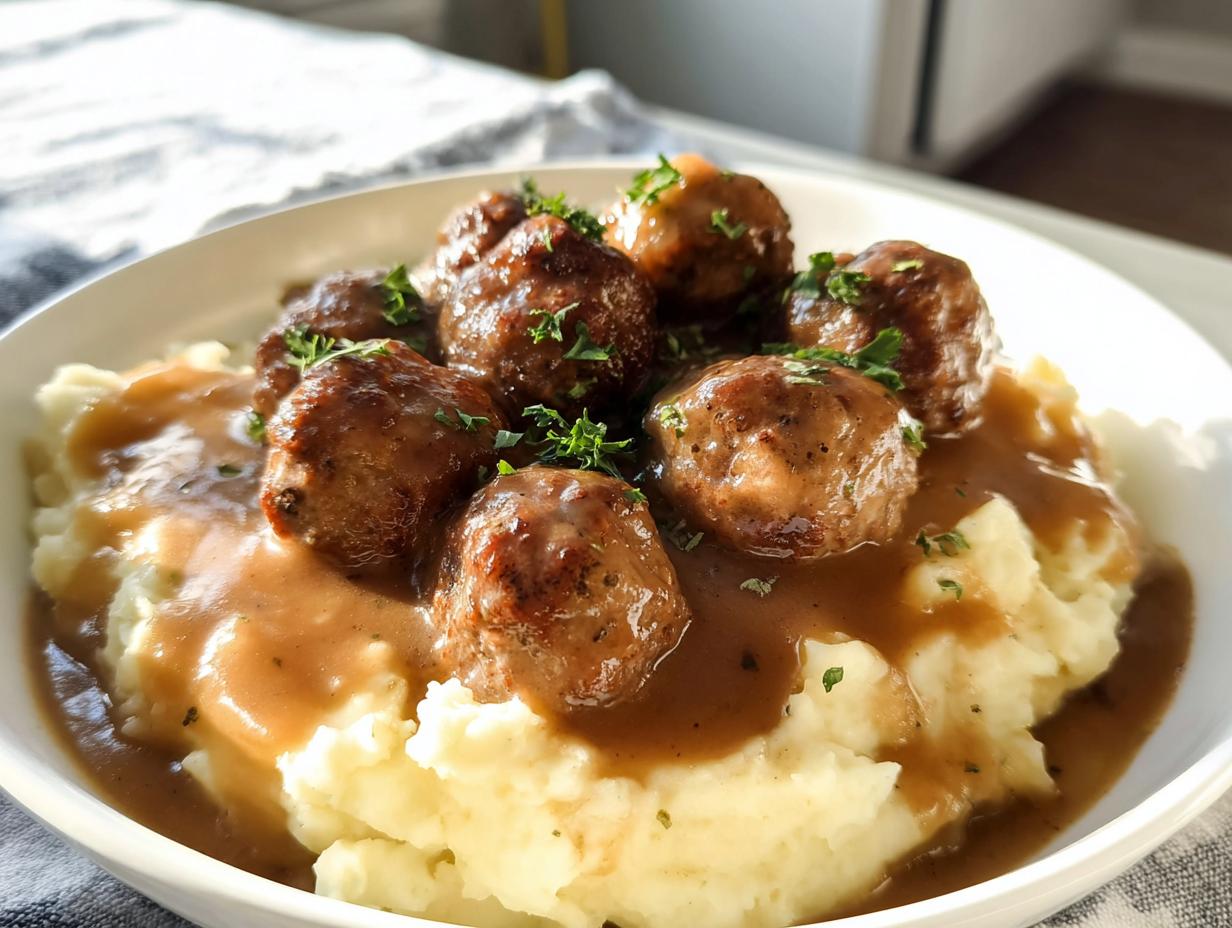 Salisbury Steak Meatballs with Garlic Herb Mashed Potatoes - Featured