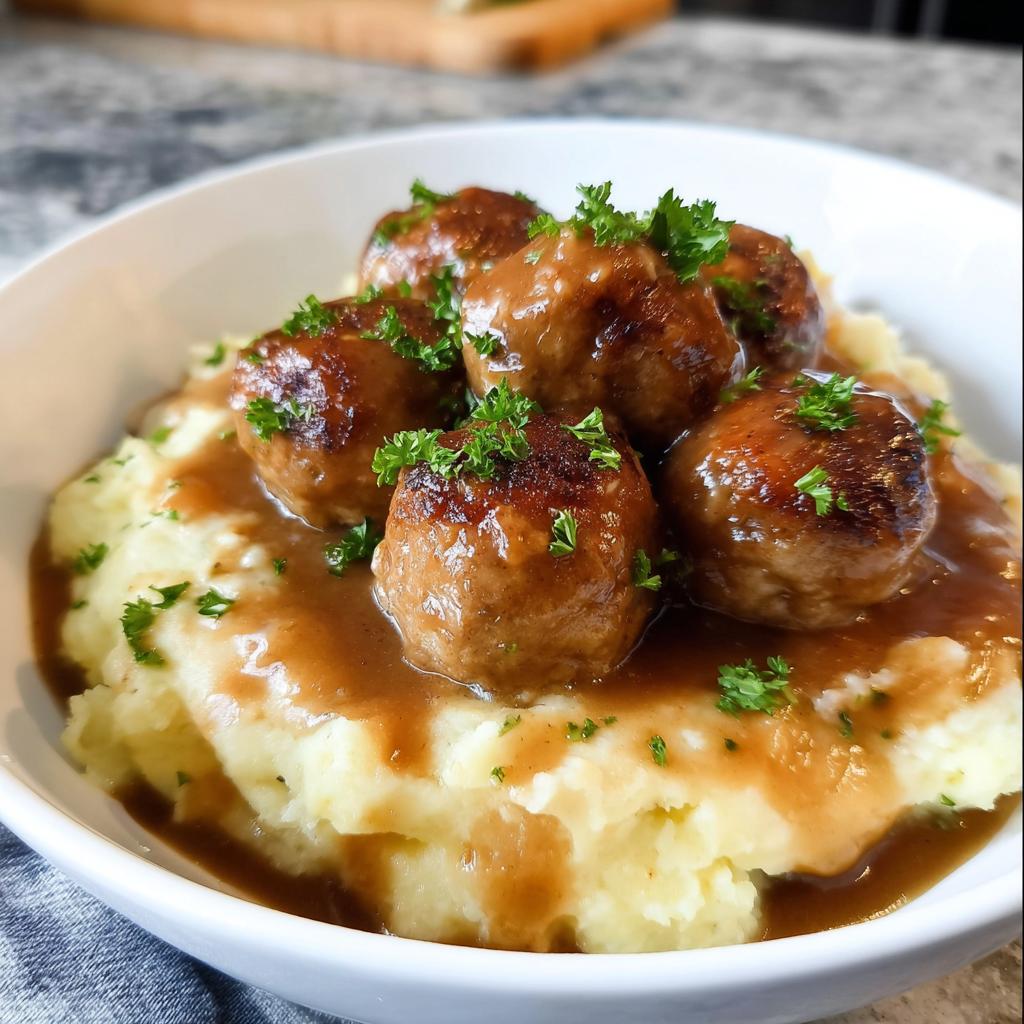 Salisbury Steak Meatballs with Garlic Herb Mashed Potatoes - Tasty
