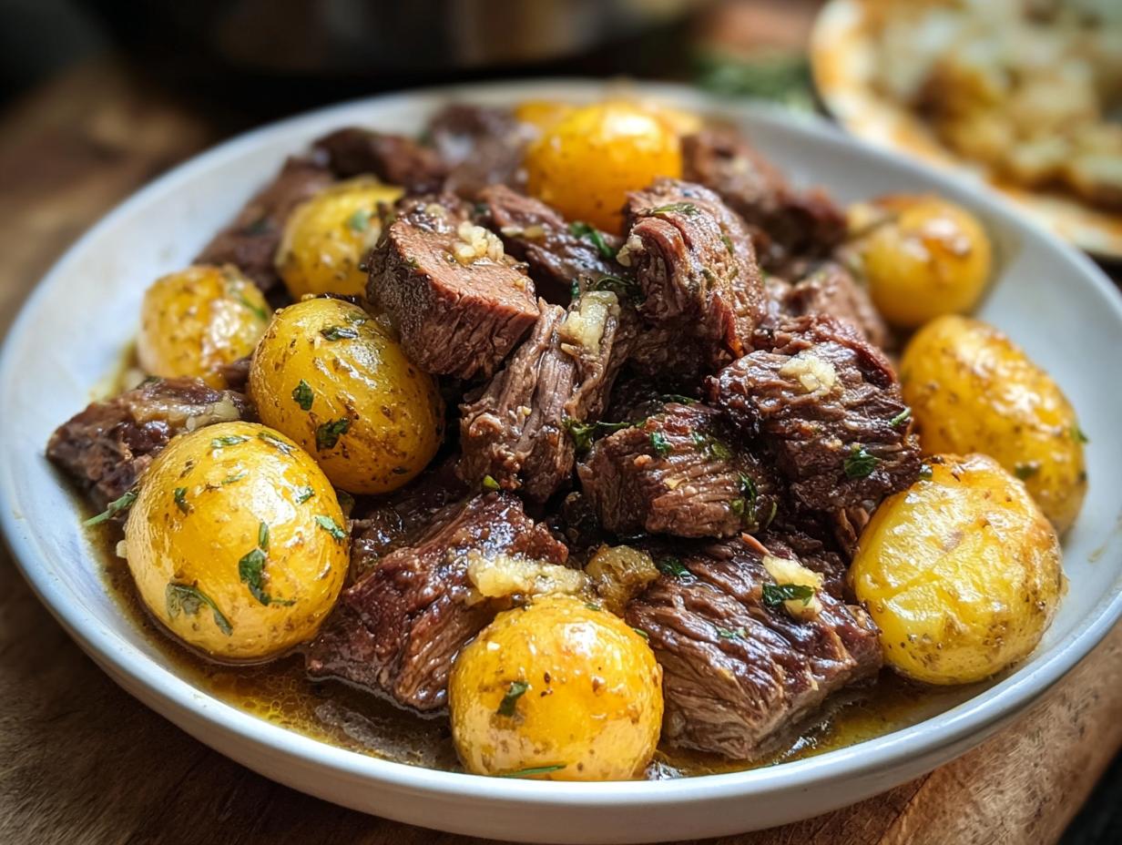 Slow Cooker Garlic Butter Beef with Potatoes - Featured