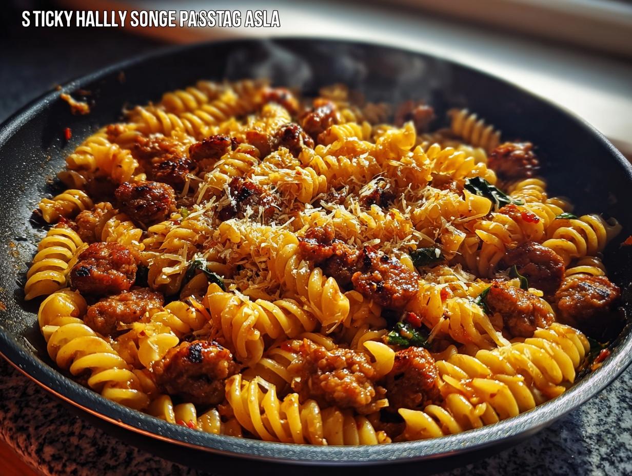 Sticky Honey Garlic Sausage Pasta Skillet - Featured