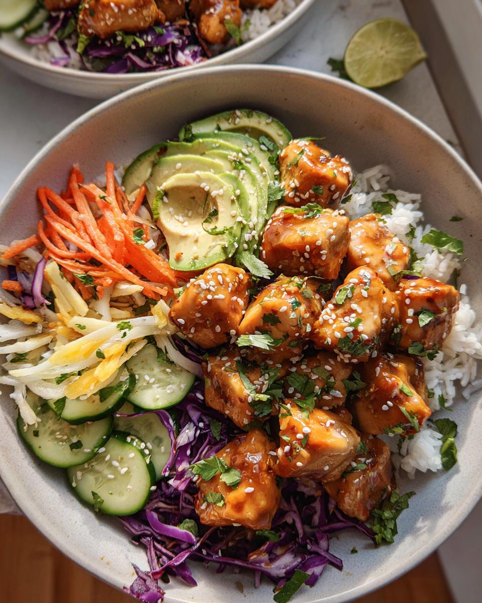 A vibrant Bang Bang Chicken Bowl featuring glazed chicken pieces over rice, topped with avocado, shredded carrots, cucumber, and red cabbage.