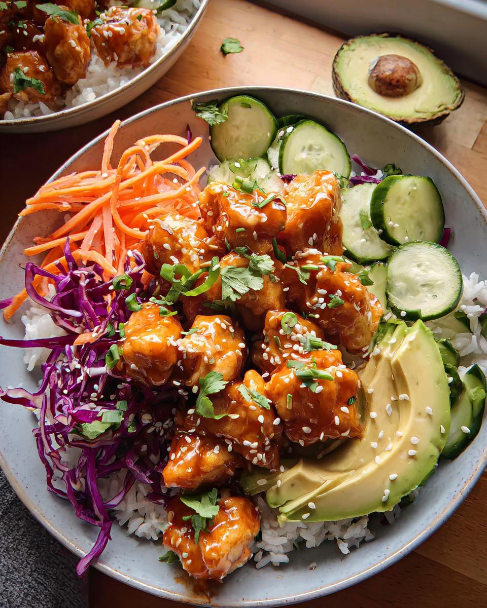 A vibrant Bang Bang Chicken Bowl featuring crispy chicken coated in orange sauce, served over rice with avocado, cucumber, and shredded carrots.