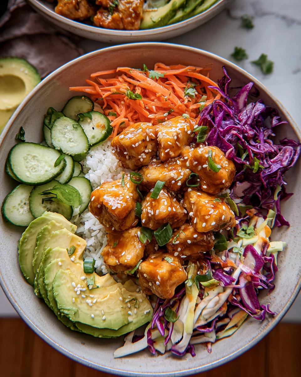 A vibrant Bang Bang Chicken Bowl featuring glazed chicken pieces over rice, surrounded by avocado, cucumbers, shredded carrots, and purple cabbage.