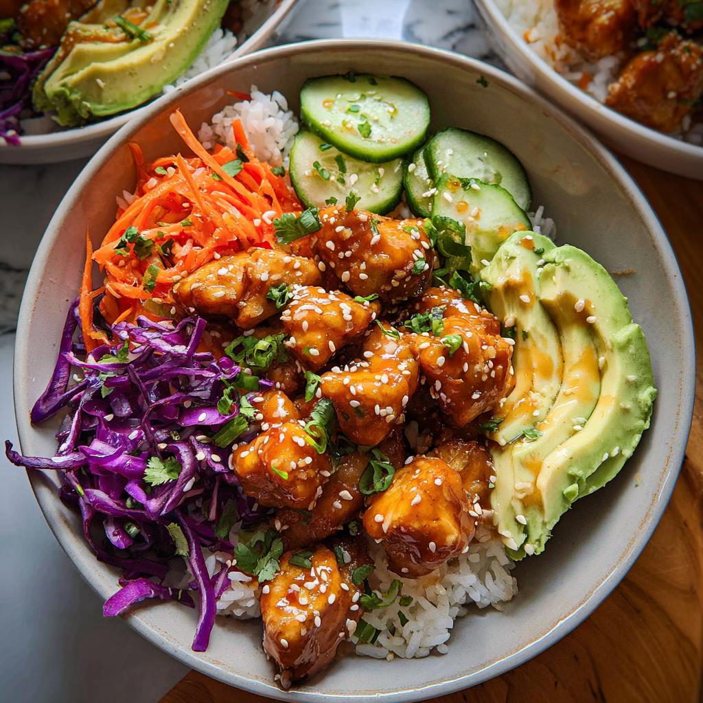 A vibrant Bang Bang Chicken Bowl featuring glazed chicken pieces, white rice, shredded cabbage, carrots, avocado slices, and cucumbers.