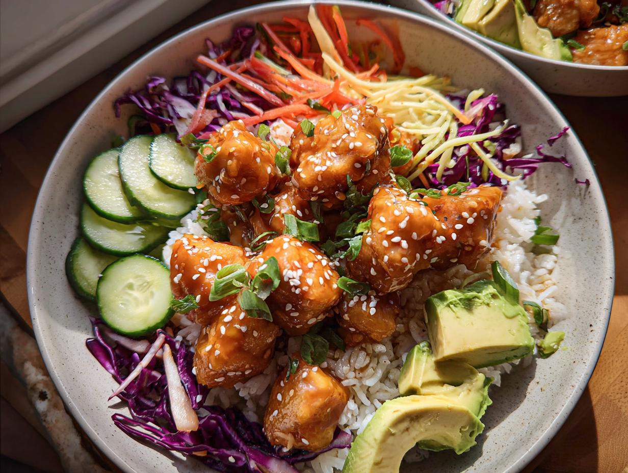 A vibrant Bang Bang Chicken Bowl featuring saucy chicken pieces over rice, topped with sesame seeds, avocado, and fresh vegetables.