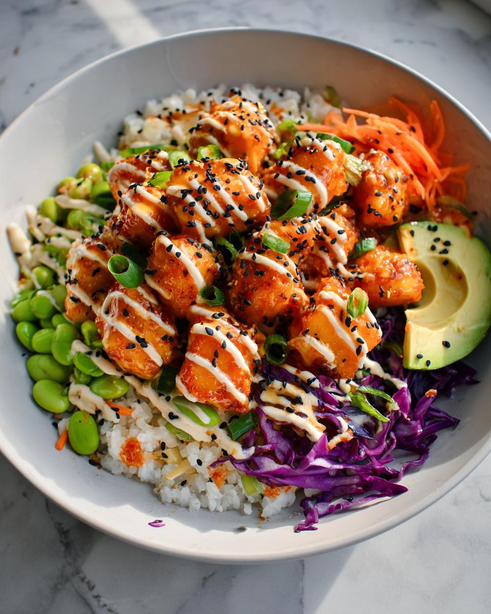 A close-up of a bowl filled with Bang Bang Salmon Bites, rice, edamame, avocado, and purple cabbage.
