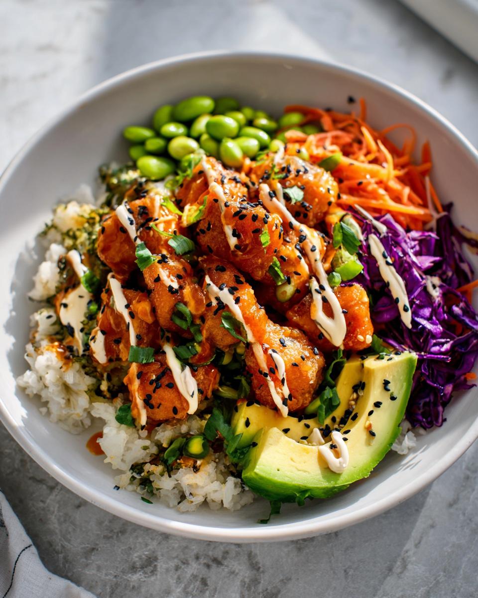 A vibrant bowl featuring crispy Bang Bang Salmon Bites served over rice with avocado, edamame, carrots, and purple cabbage.