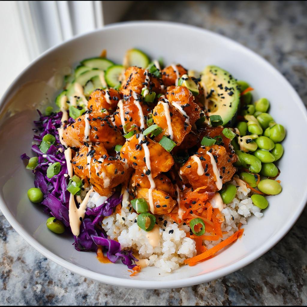 A vibrant bowl featuring crispy Bang Bang Salmon Bites over rice, topped with purple cabbage, edamame, and avocado.