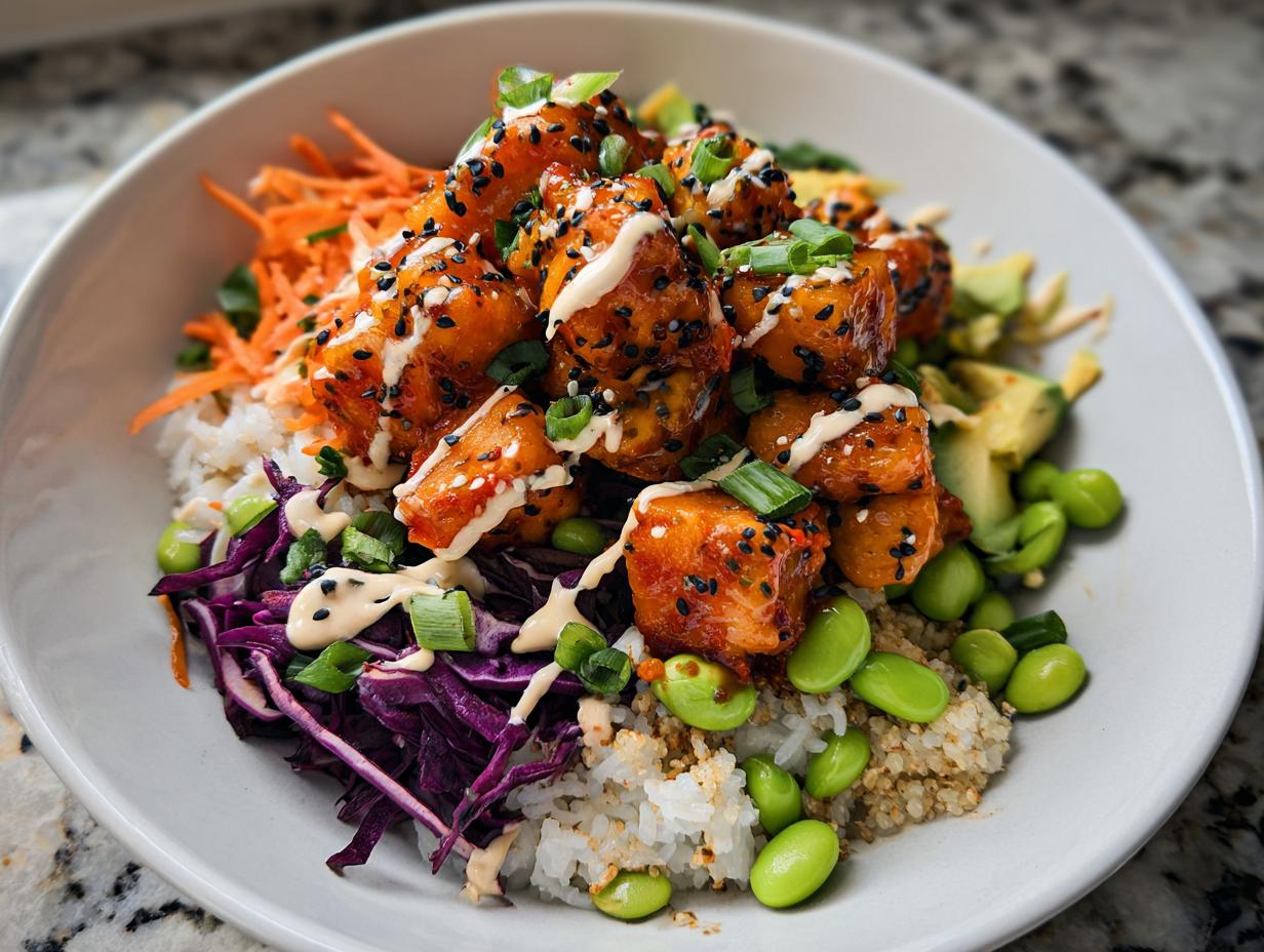 A vibrant bowl featuring crispy Bang Bang Salmon Bites served over rice and quinoa with shredded red cabbage, carrots, edamame, and avocado.