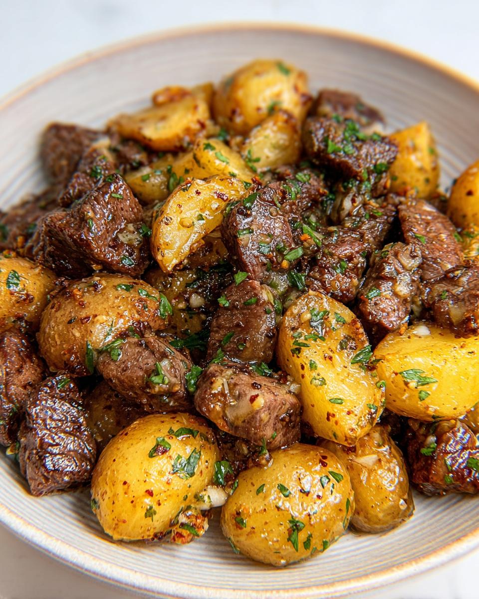 Close-up of juicy, browned steak bites mixed with golden roasted potatoes coated in garlic butter and parsley for the best garlic steak bites and potatoes recipe.