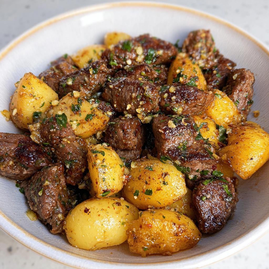 Close-up of The best Garlic Steak Bites and Potatoes Recipe, coated in garlic butter and herbs.