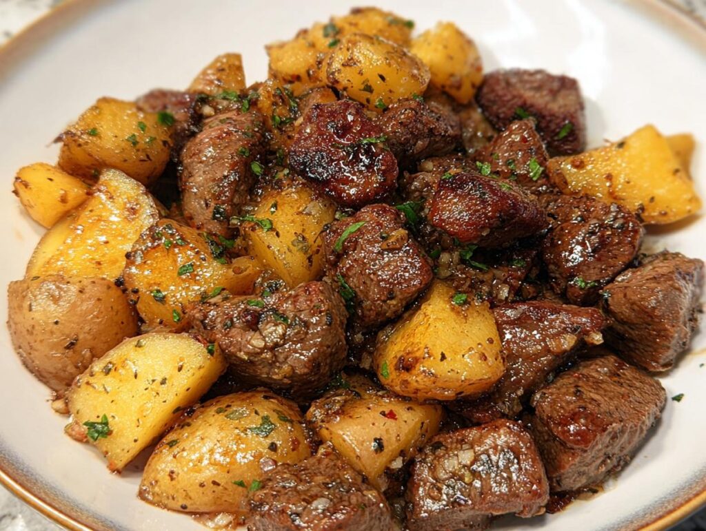 A close-up of glistening, pan-seared garlic steak bites mixed with golden roasted potatoes.