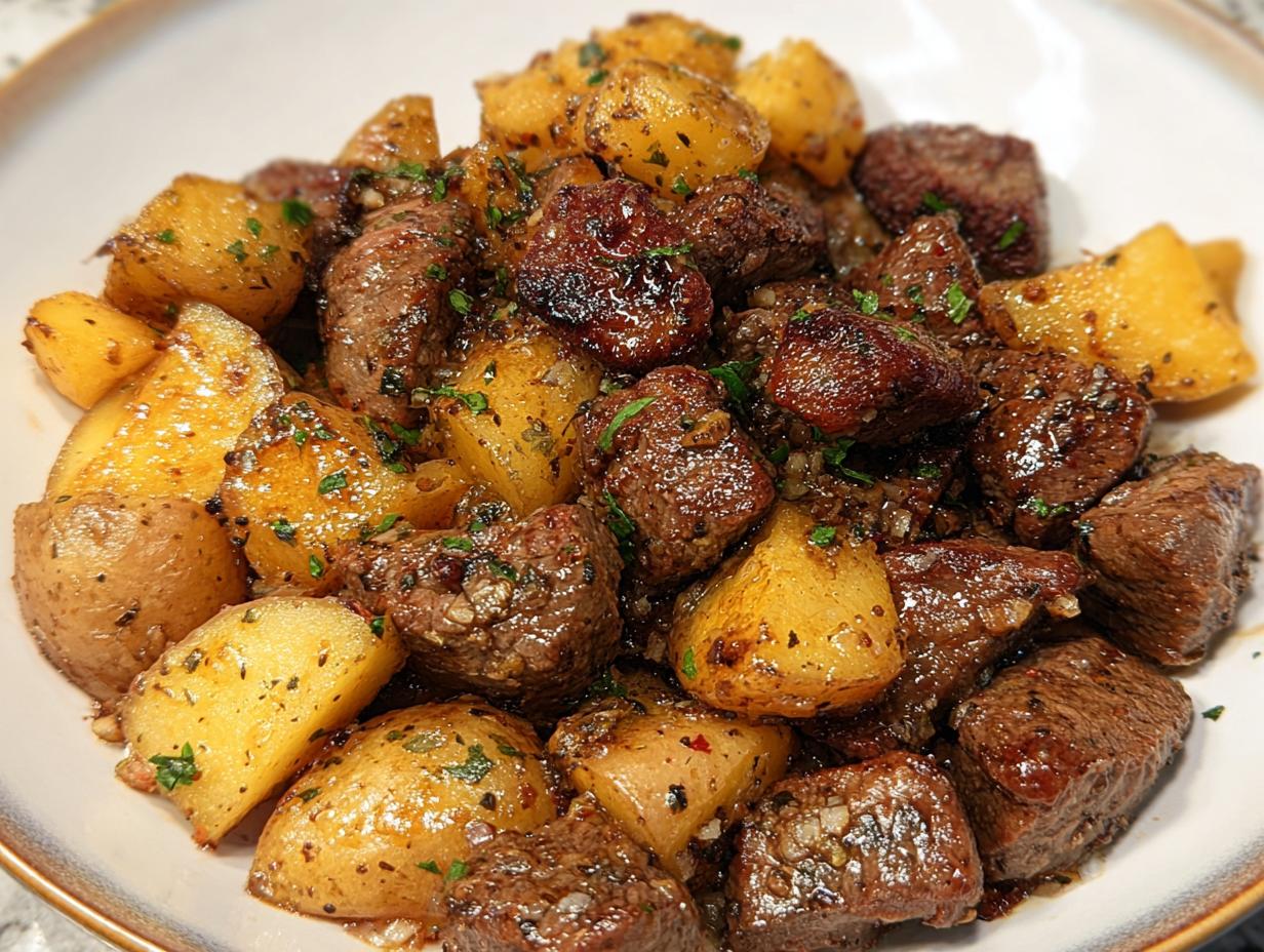 A close-up of glistening, pan-seared garlic steak bites mixed with golden roasted potatoes.
