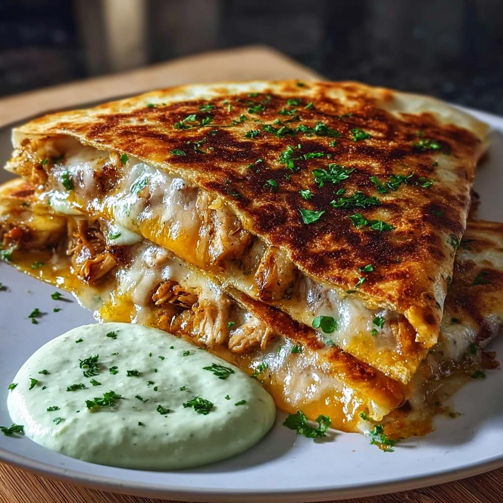 Close-up of stacked Cheesy Hot Honey Chicken Quesadillas oozing melted cheese, served with a side of green jalapeño cream sauce.