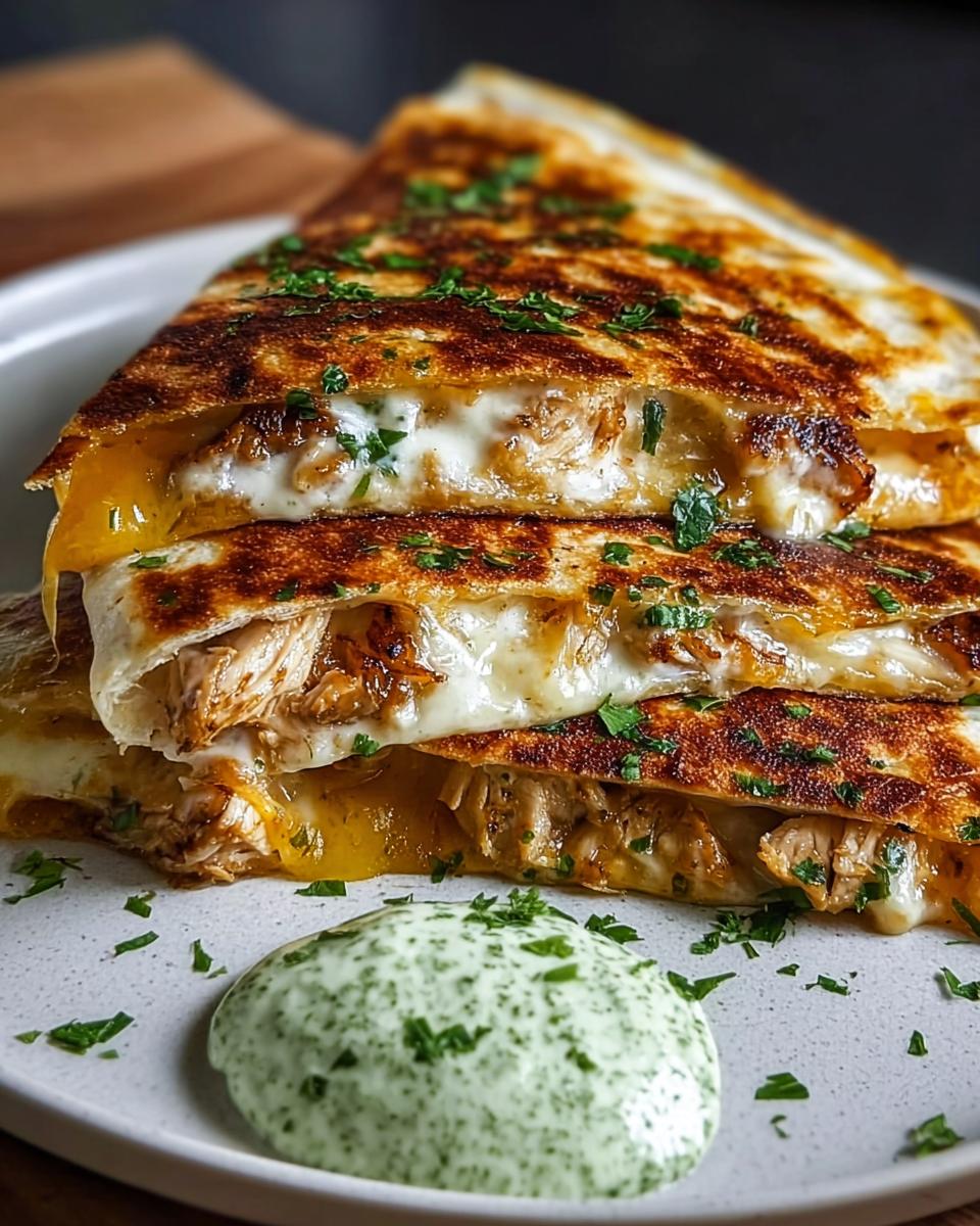 Close-up of stacked Cheesy Hot Honey Chicken Quesadillas oozing melted cheese next to a dollop of green sauce.