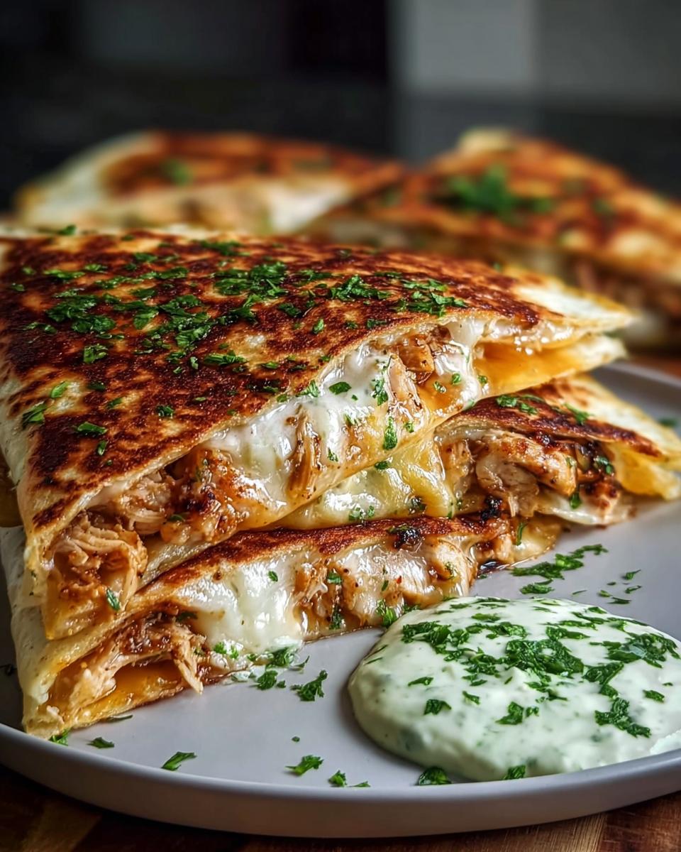 Close-up of Cheesy Hot Honey Chicken Quesadillas stacked, oozing cheese, served with spicy jalapeño cream sauce.