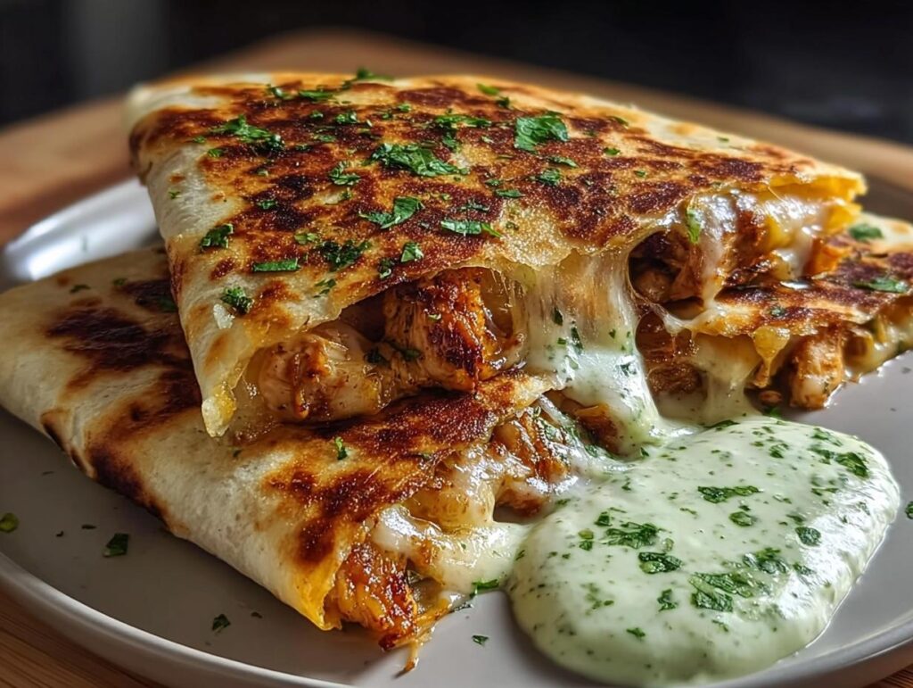 Close-up of Cheesy Hot Honey Chicken Quesadillas oozing melted cheese next to spicy jalapeño cream sauce.