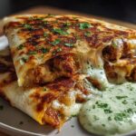 Close-up of Cheesy Hot Honey Chicken Quesadillas oozing melted cheese next to spicy jalapeño cream sauce.