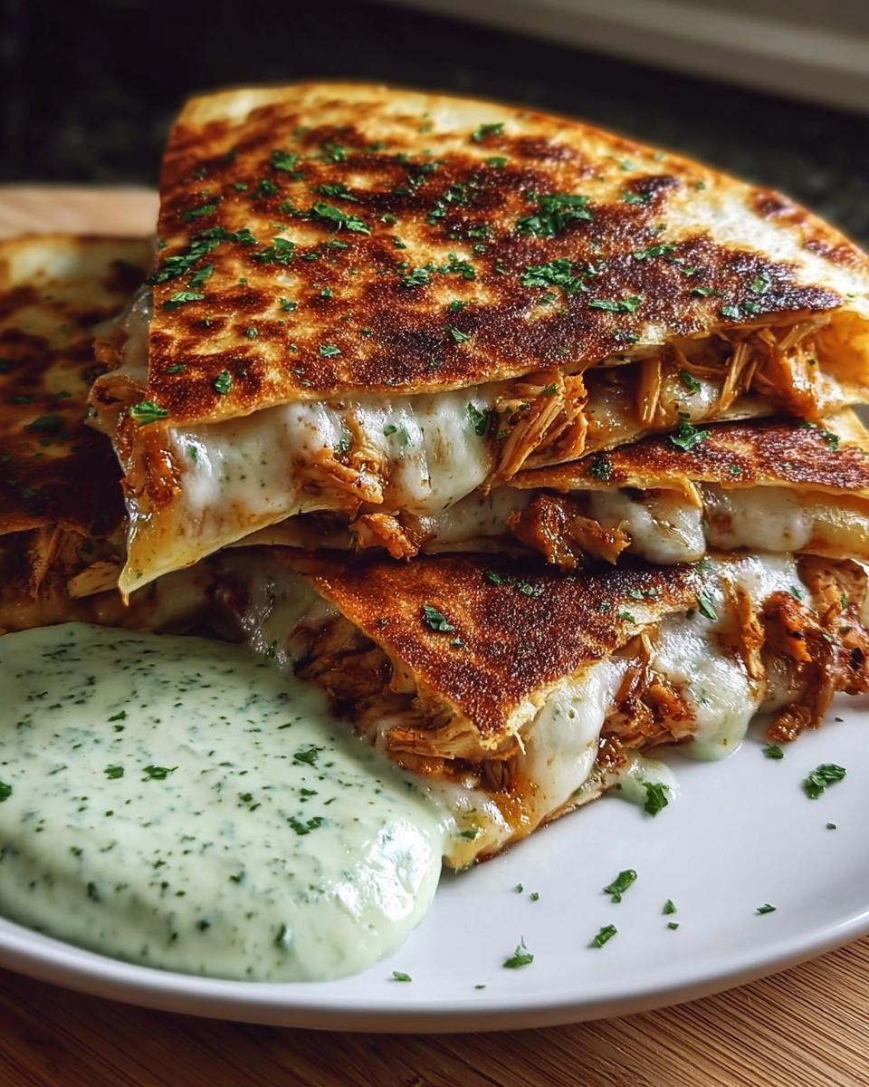 Close-up of stacked Cheesy Hot Honey Chicken Quesadillas oozing melted cheese, served with a side of spicy jalapeño cream sauce.