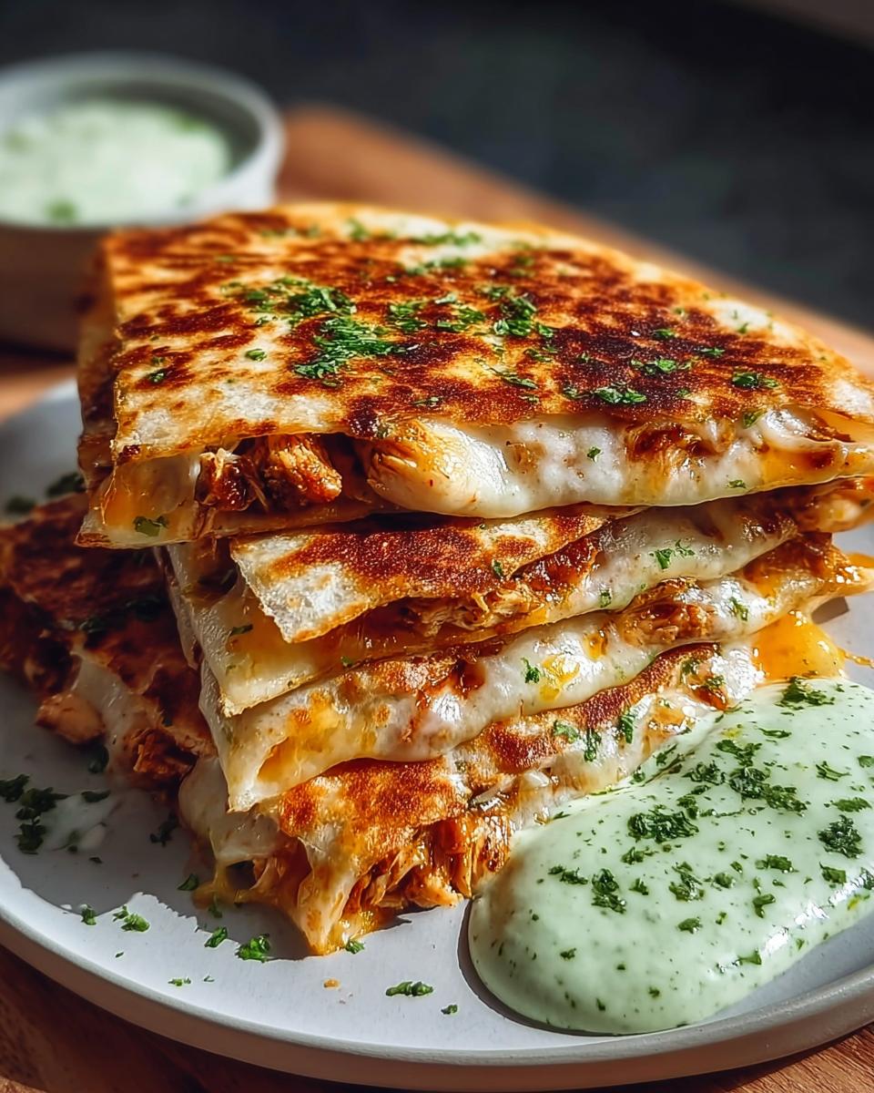 Stack of golden-brown Cheesy Hot Honey Chicken Quesadillas oozing melted cheese, served with spicy jalapeño cream sauce.