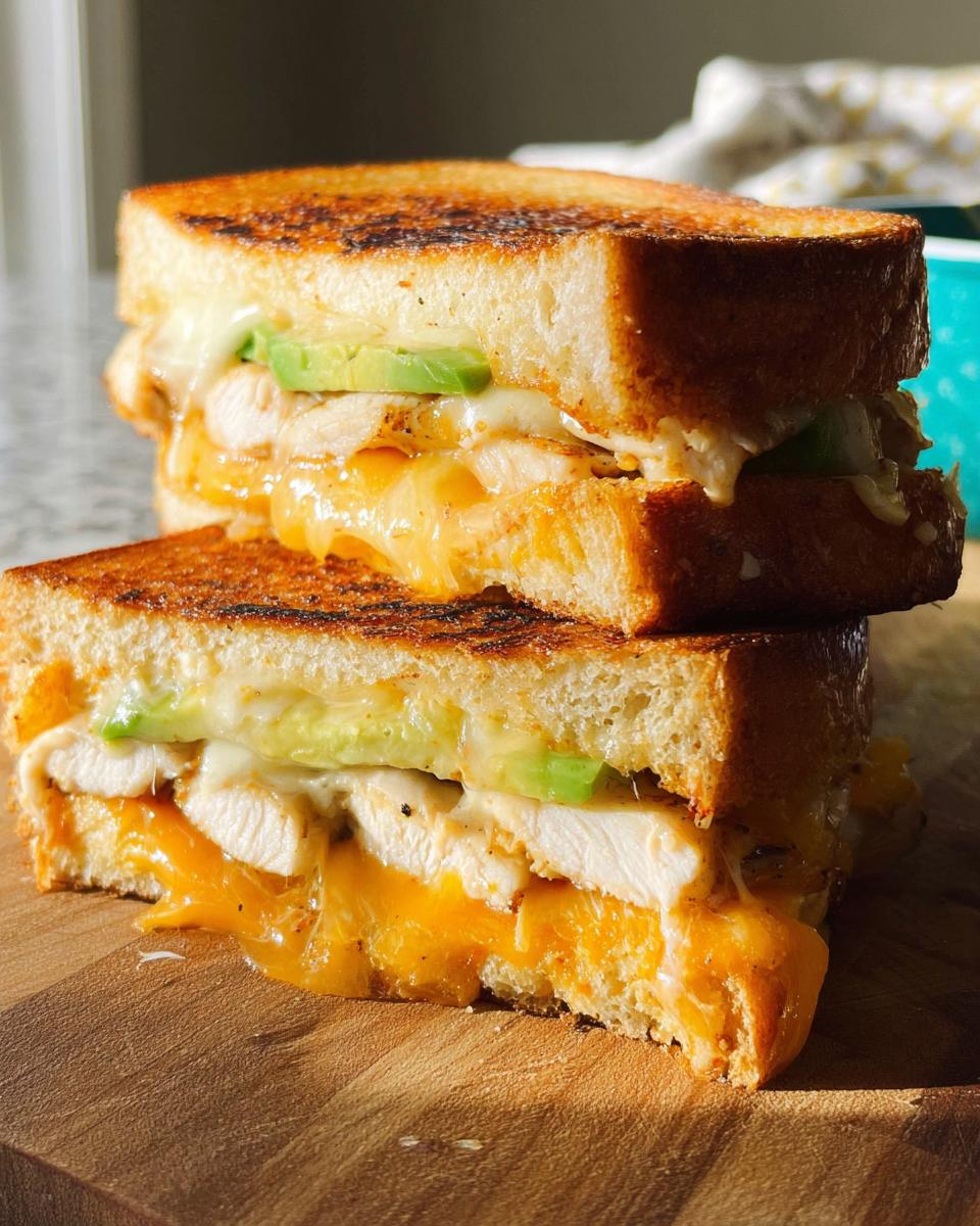 A close-up of a stacked CHICKEN AVOCADO MELT SANDWICH cut in half, showing melted cheddar cheese, chicken slices, and avocado.