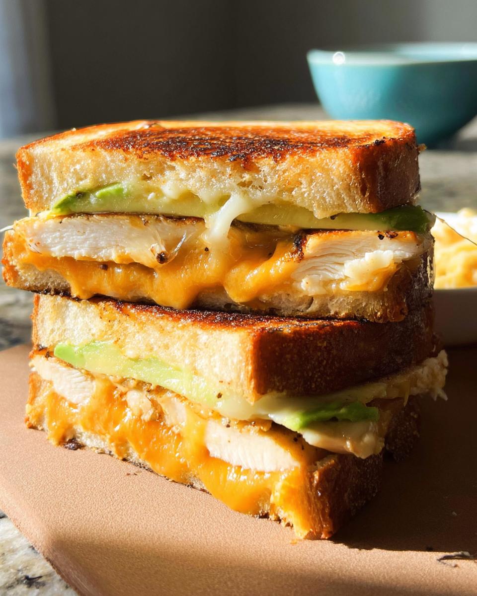 A tall, stacked CHICKEN AVOCADO MELT SANDWICH featuring grilled chicken, melted cheddar, and avocado slices between toasted bread.