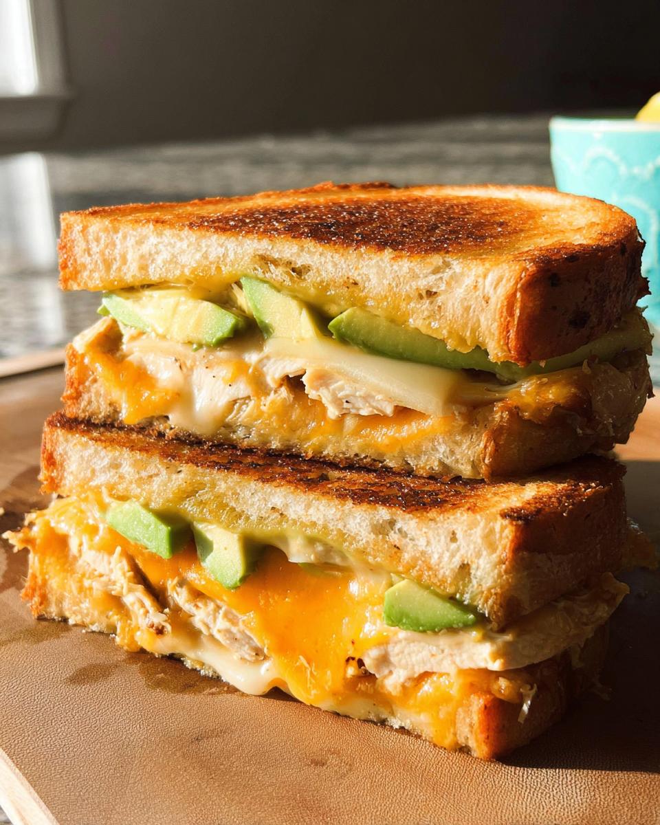 A halved CHICKEN AVOCADO MELT SANDWICH stacked, showing melted cheese, shredded chicken, and slices of avocado between toasted bread.