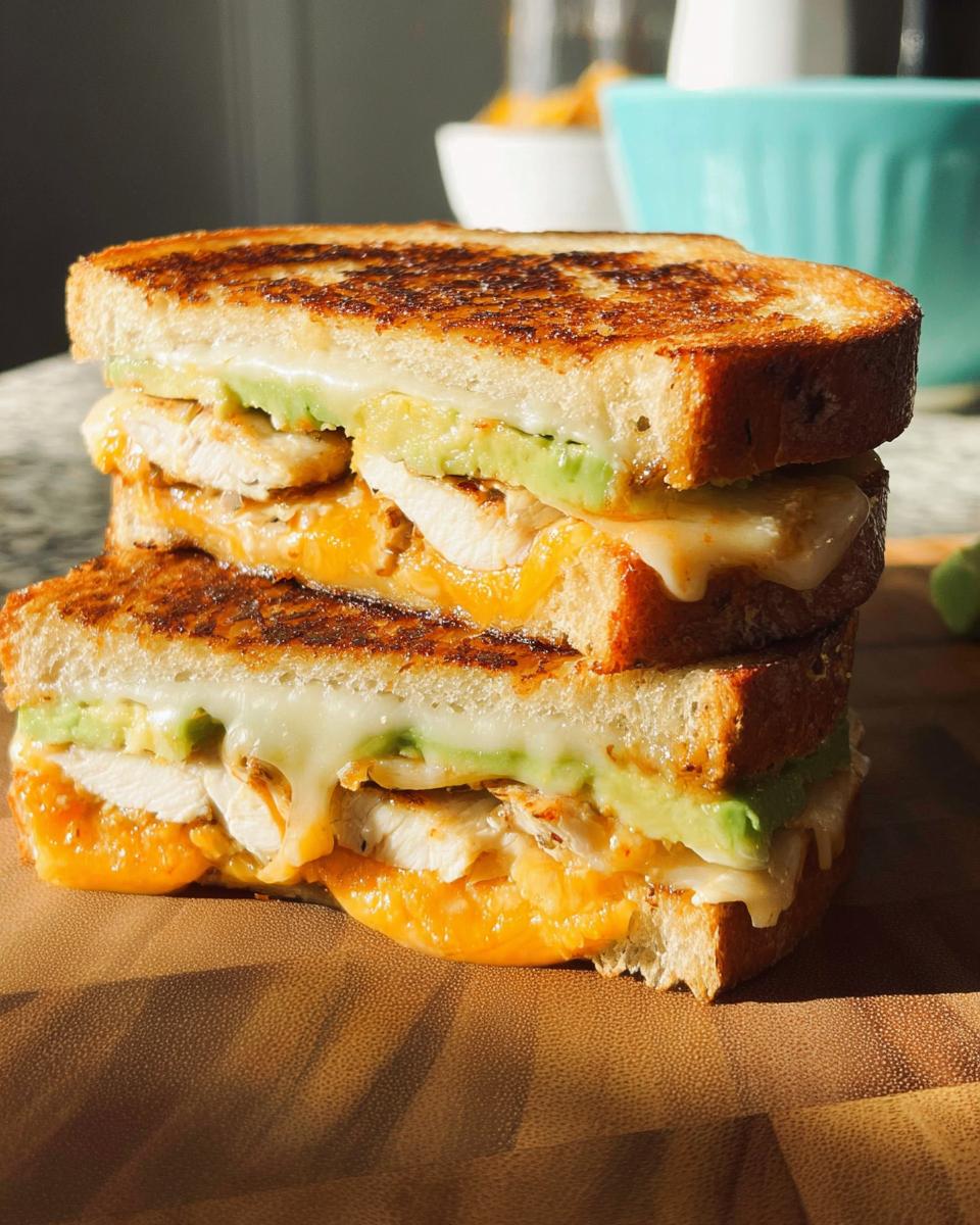 Close-up of a stacked CHICKEN AVOCADO MELT SANDWICH with golden toasted bread and oozing melted cheese.