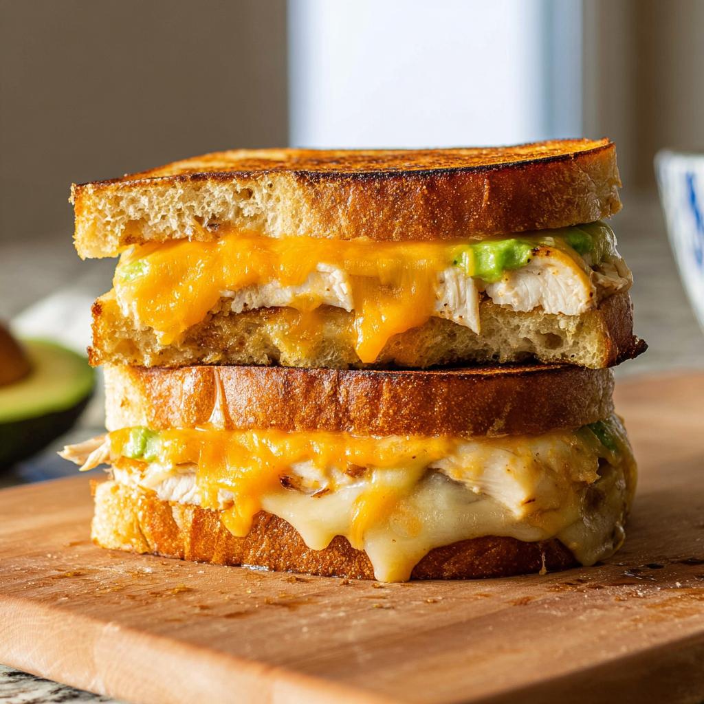 A tall, stacked CHICKEN AVOCADO MELT SANDWICH with melted cheddar cheese oozing out, served on toasted sourdough.