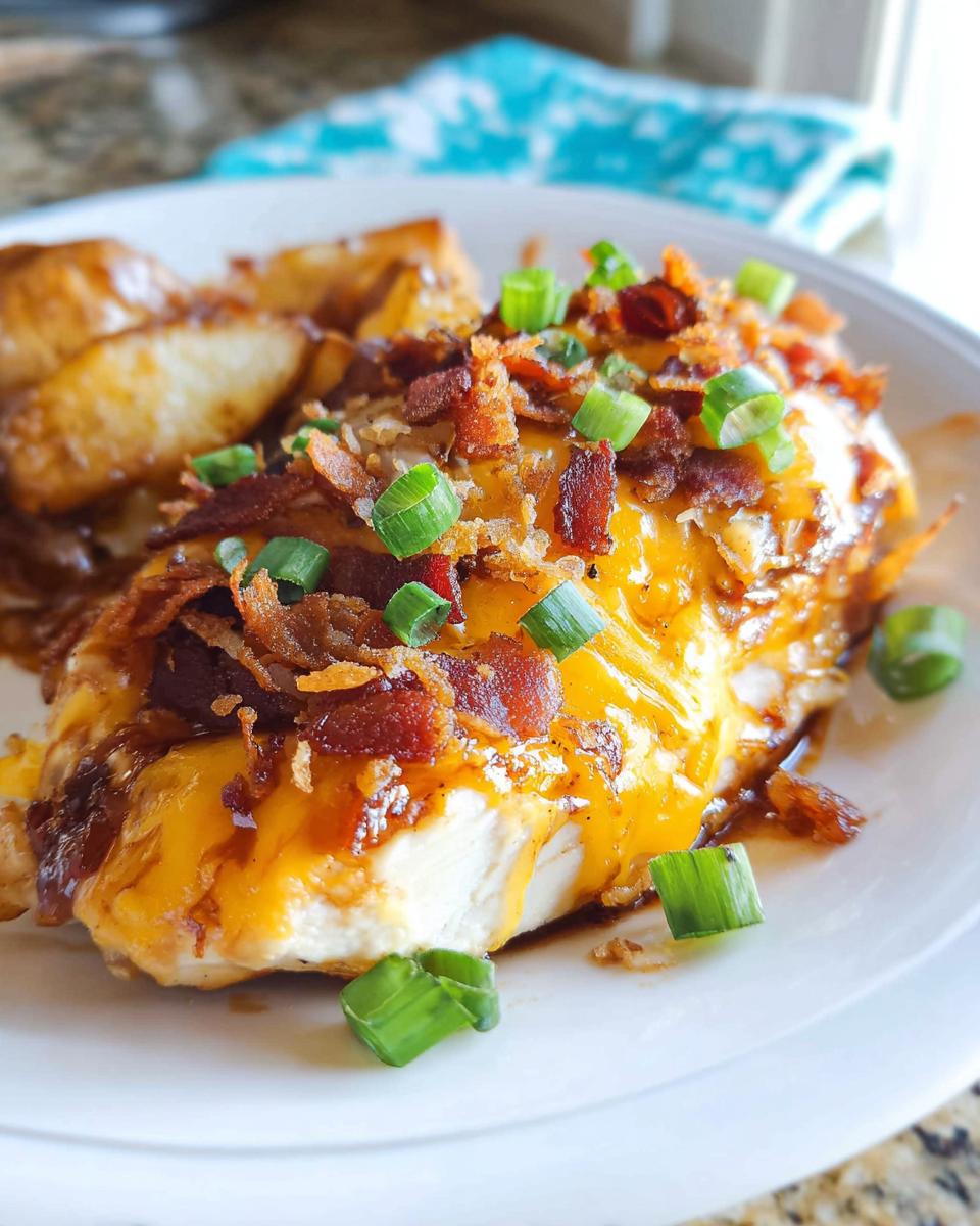 A juicy chicken breast topped with melted cheddar cheese, crispy bacon bits, and green onions: Cowboy BBQ Bacon Cheddar Chicken.