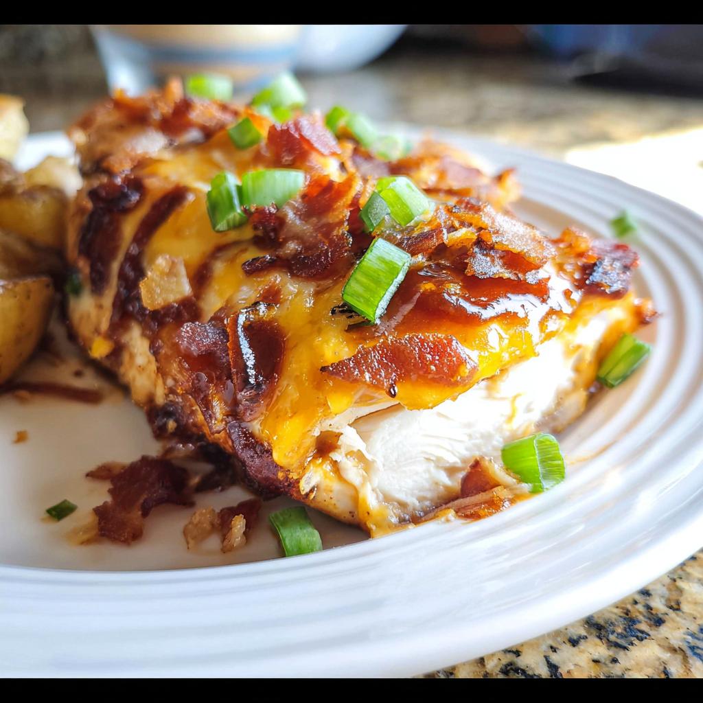 A juicy piece of Cowboy BBQ Bacon Cheddar Chicken topped with melted cheese, bacon bits, and green onions.