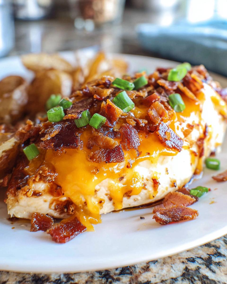 Close-up of Cowboy BBQ Bacon Cheddar Chicken topped with melted cheese and bacon bits.