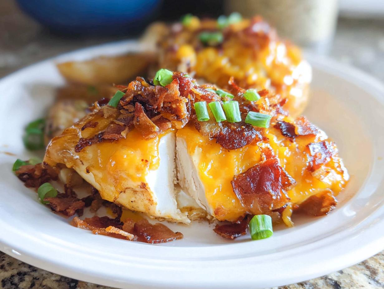 A serving of Cowboy BBQ Bacon Cheddar Chicken, sliced to show the white meat, topped with melted cheddar and crispy bacon bits.