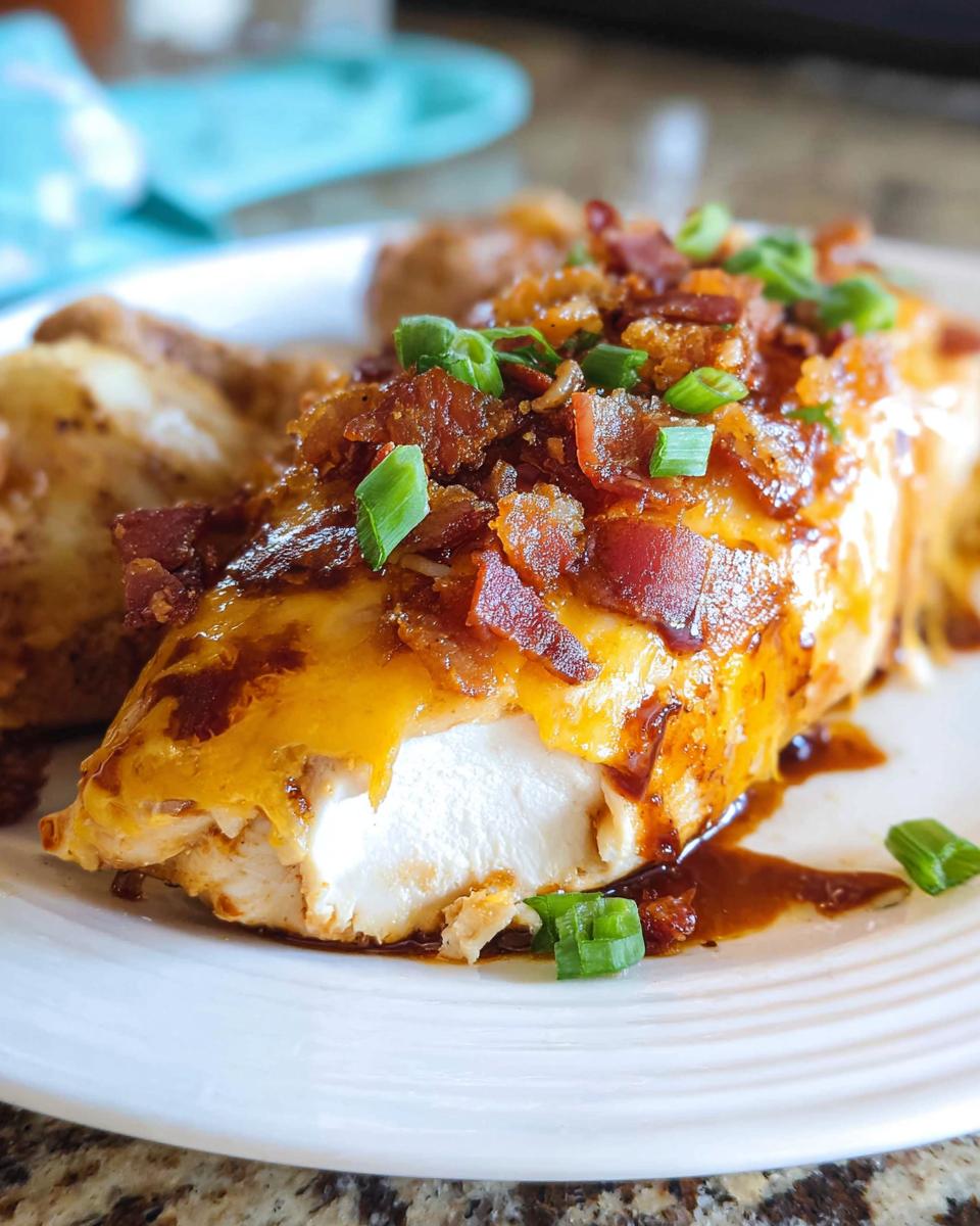 A juicy, sliced piece of Cowboy BBQ Bacon Cheddar Chicken topped with melted cheddar, bacon bits, and green onions.