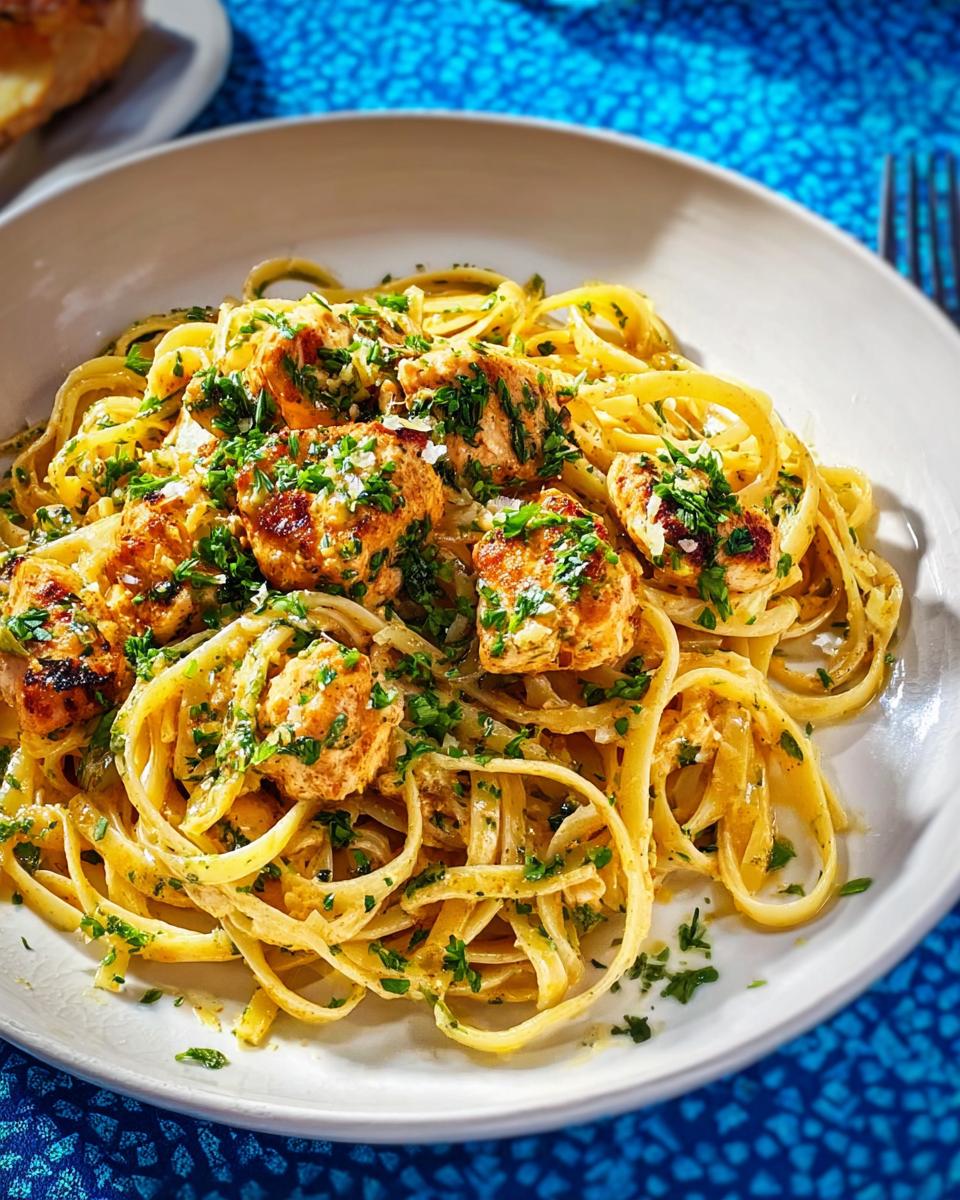 Close-up of Cowboy Butter Chicken Pasta featuring fettuccine noodles, seasoned chicken pieces, and fresh parsley garnish.