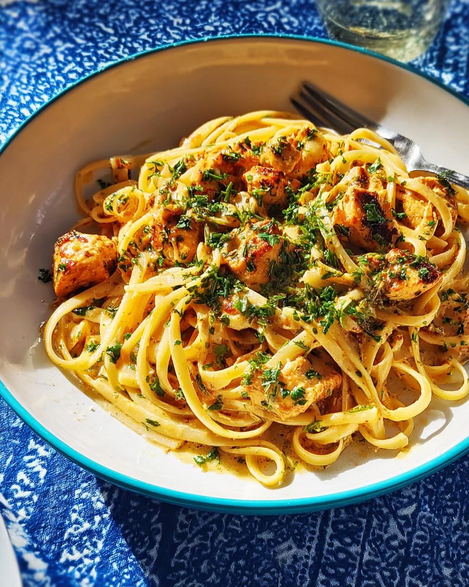 A close-up of Cowboy Butter Chicken Pasta with creamy sauce and fresh parsley garnish.