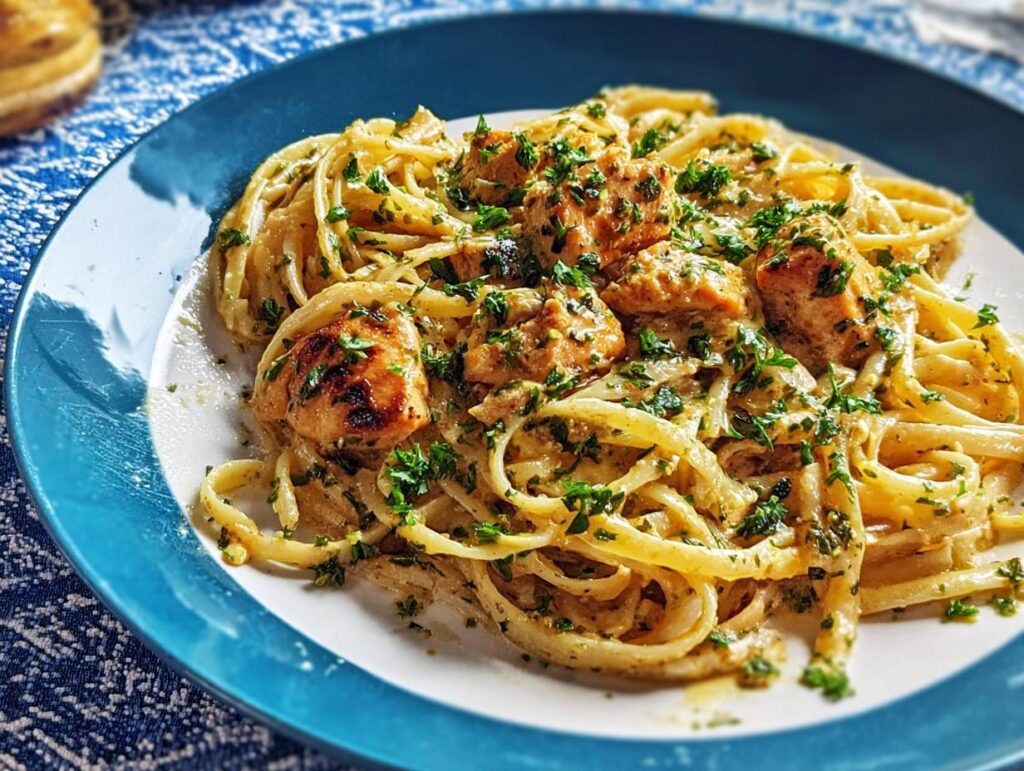 A close-up of creamy Cowboy Butter Chicken Pasta topped with fresh parsley on a white and blue plate.