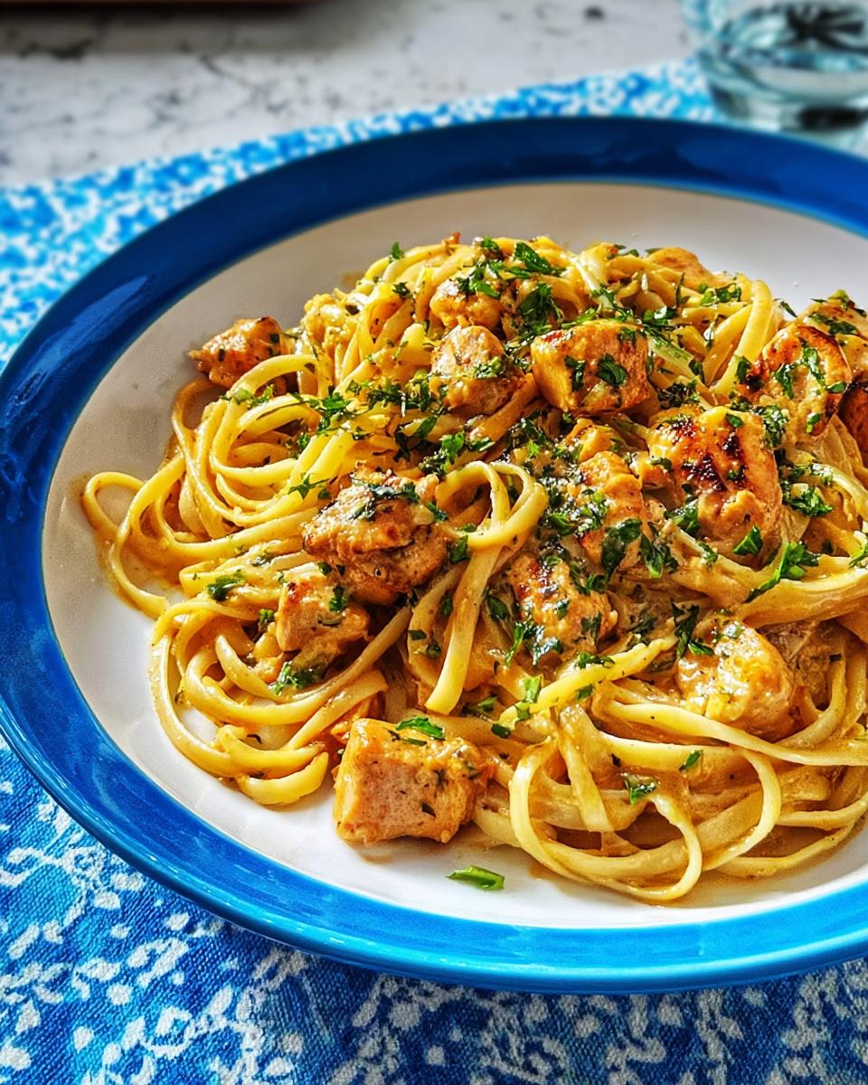 A close-up of creamy Cowboy Butter Chicken Pasta tossed with linguine and topped with fresh parsley.