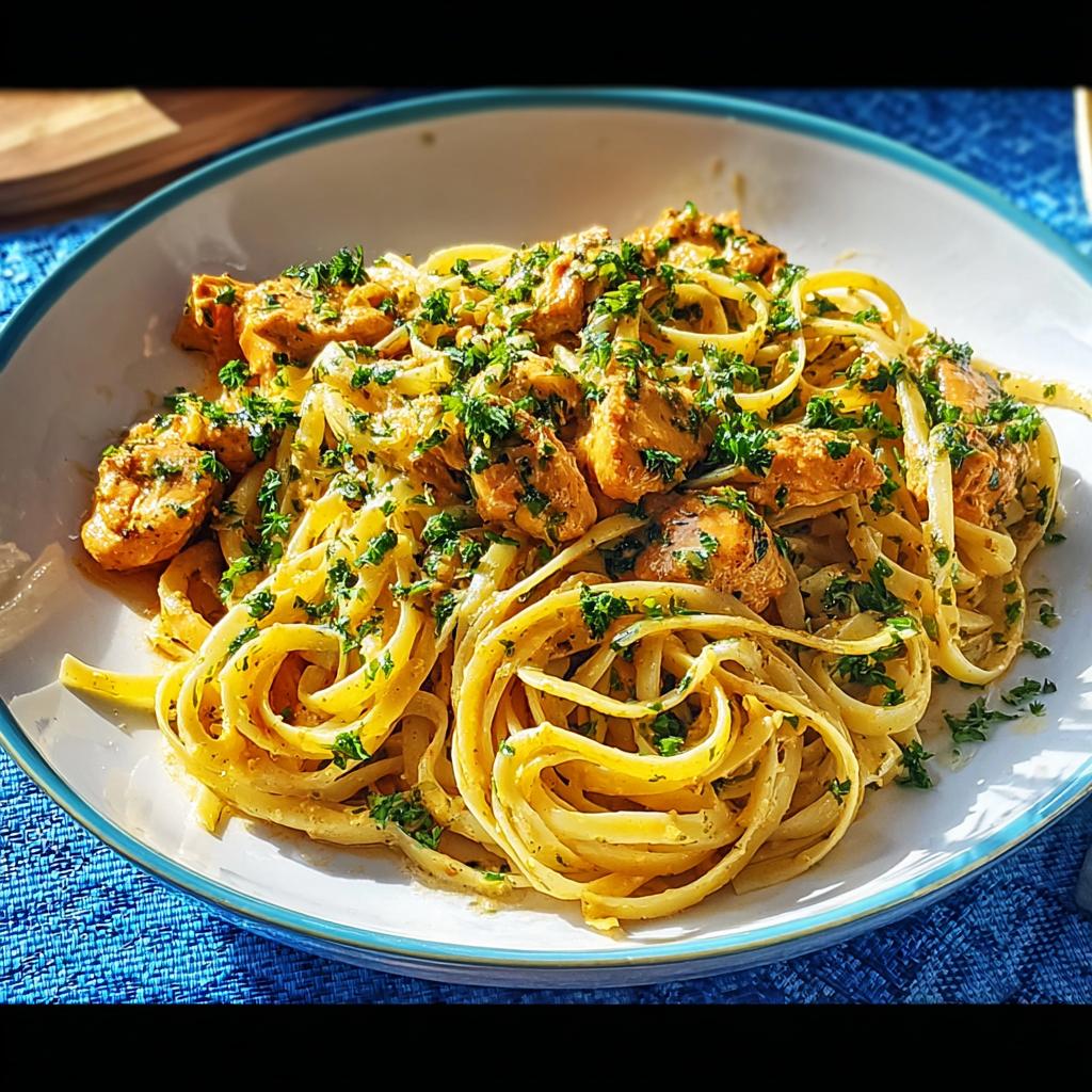 A close-up of a white bowl filled with Cowboy Butter Chicken Pasta, topped generously with fresh parsley.