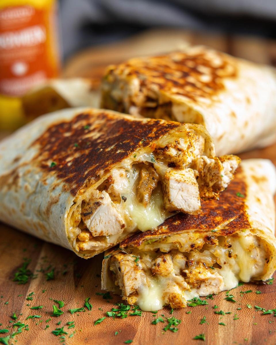 Close-up of Cozy Cheesy Garlic Chicken Wraps cut in half, showing melted cheese and seasoned chicken chunks.
