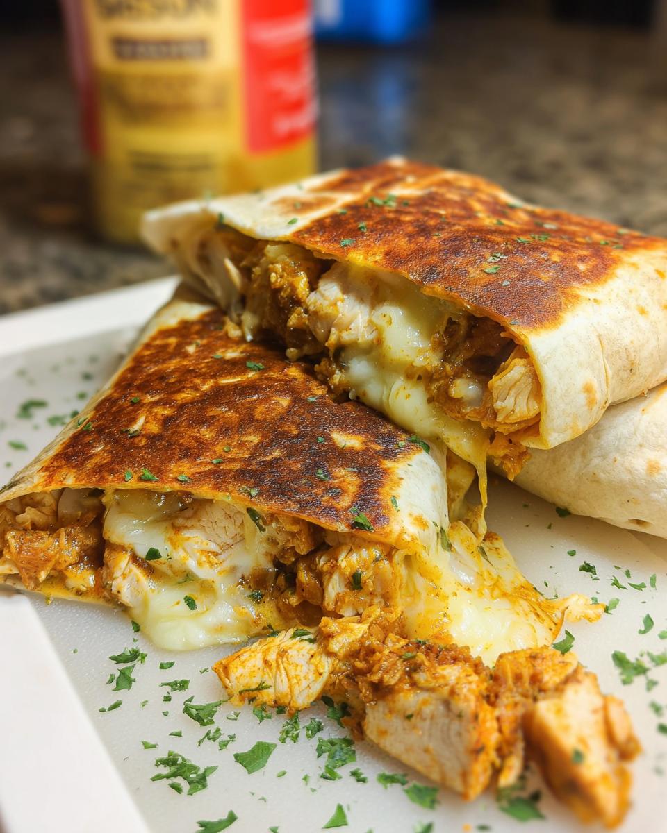 Close-up of Cozy Cheesy Garlic Chicken Wraps cut in half, showing melted cheese and seasoned chicken filling.