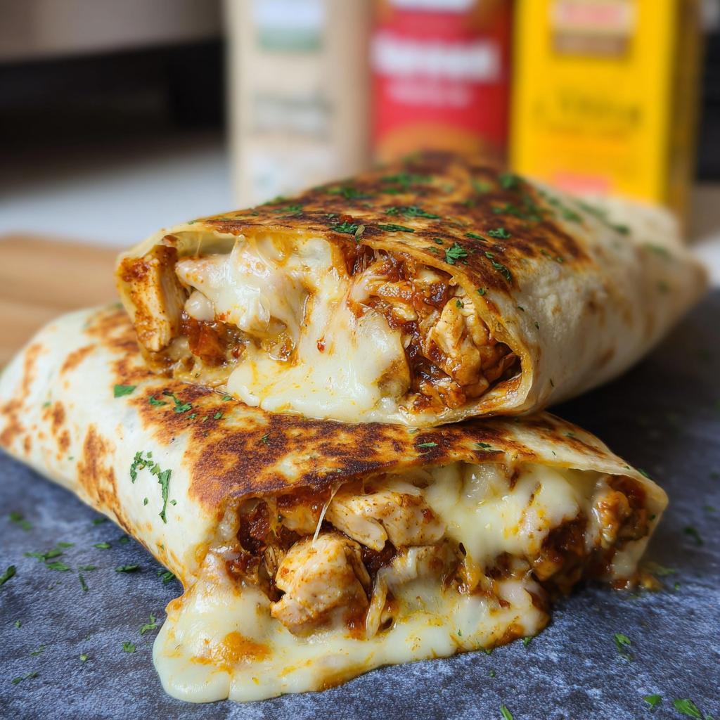 Two halves of Cozy Cheesy Garlic Chicken Wraps stacked, showing gooey melted cheese and seasoned chicken filling.