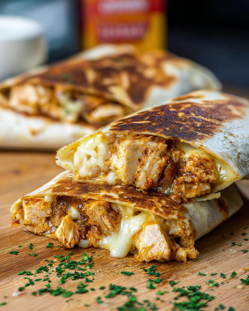 Close-up of Cozy Cheesy Garlic Chicken Wraps cut in half, showing melted cheese and seasoned chicken filling.