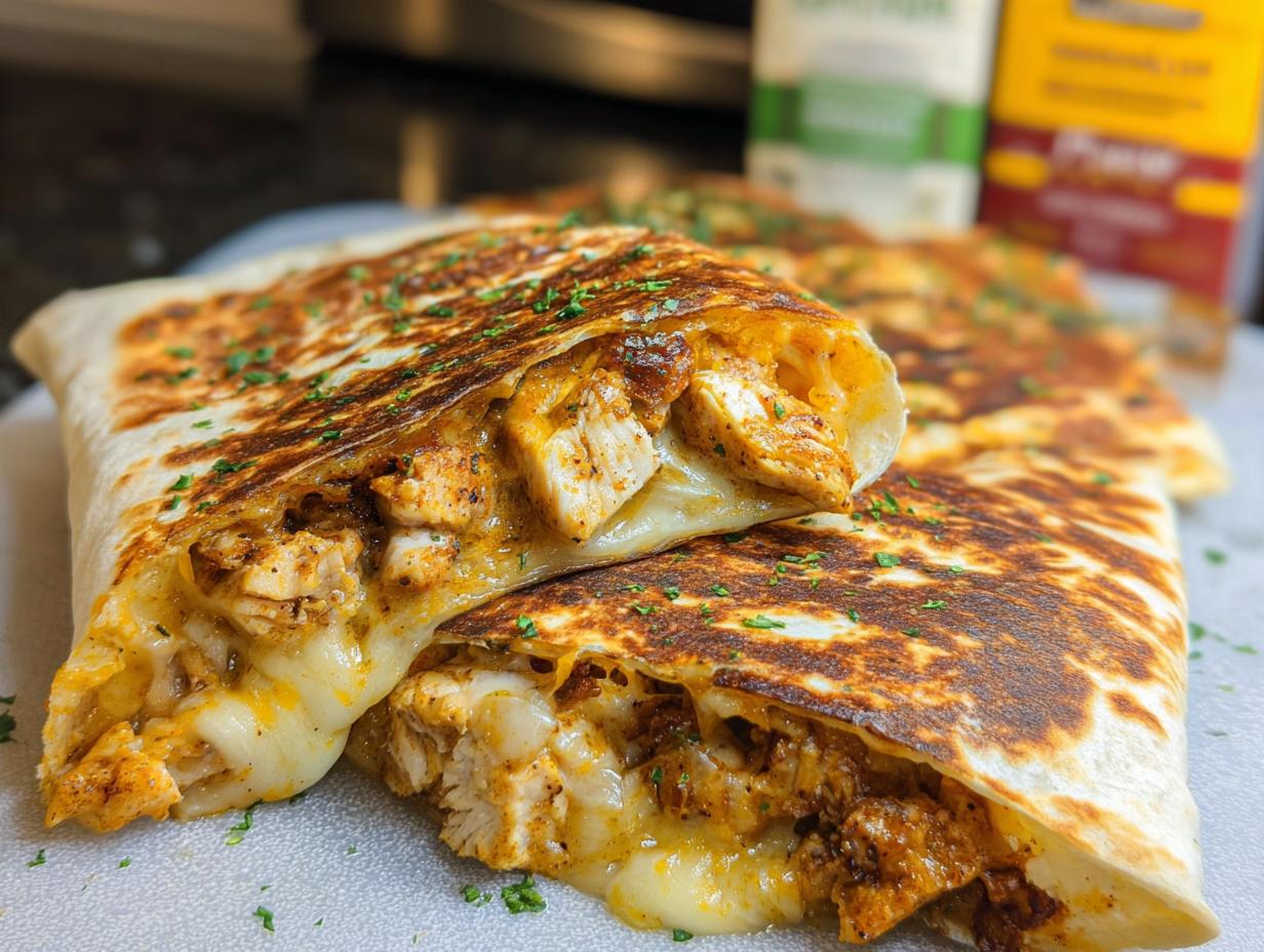 A close-up of two halves of Cozy Cheesy Garlic Chicken Wraps, showing melted cheese and seasoned chicken pieces inside a toasted tortilla.
