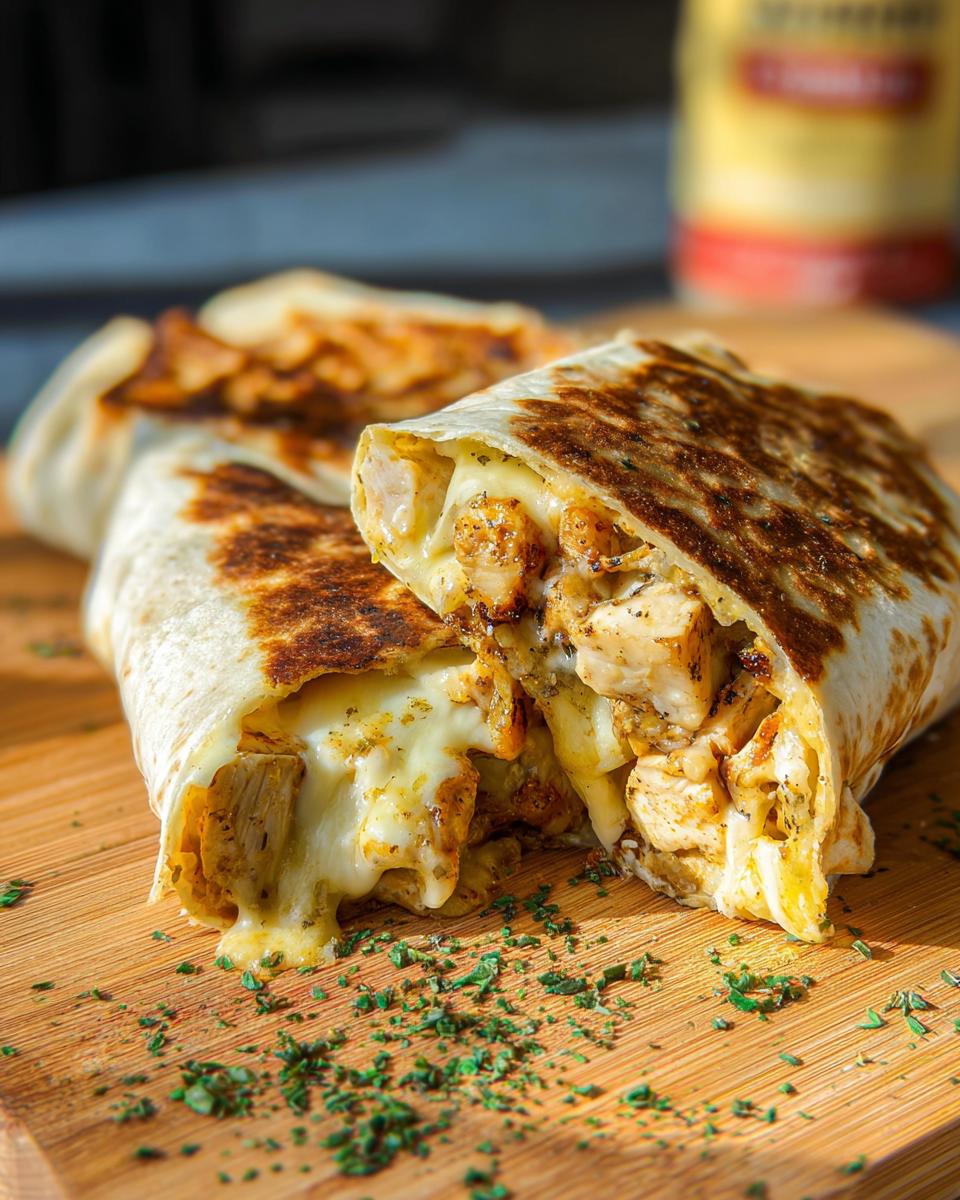 Close-up of a Cozy Cheesy Garlic Chicken Wrap cut in half, showing melted cheese oozing out with seasoned chicken pieces.