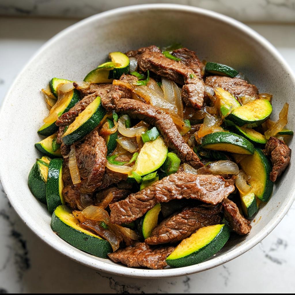 A close-up view of the Cozy Grilled Steak Bowl with Zucchini, featuring sliced steak, green zucchini, and caramelized onions.