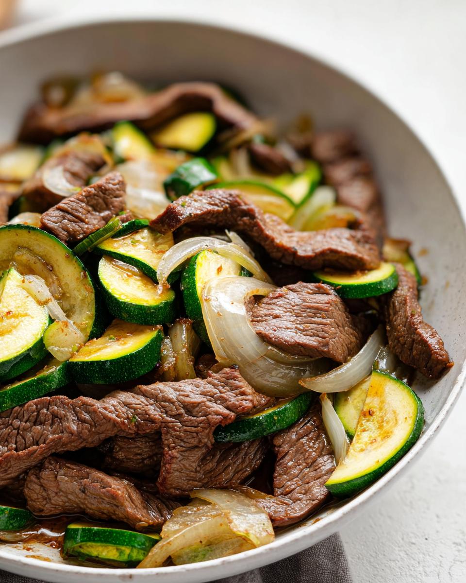 Close-up of sliced grilled steak mixed with sautéed zucchini rounds and onions in a white bowl, part of the Cozy Grilled Steak Bowl with Zucchini.