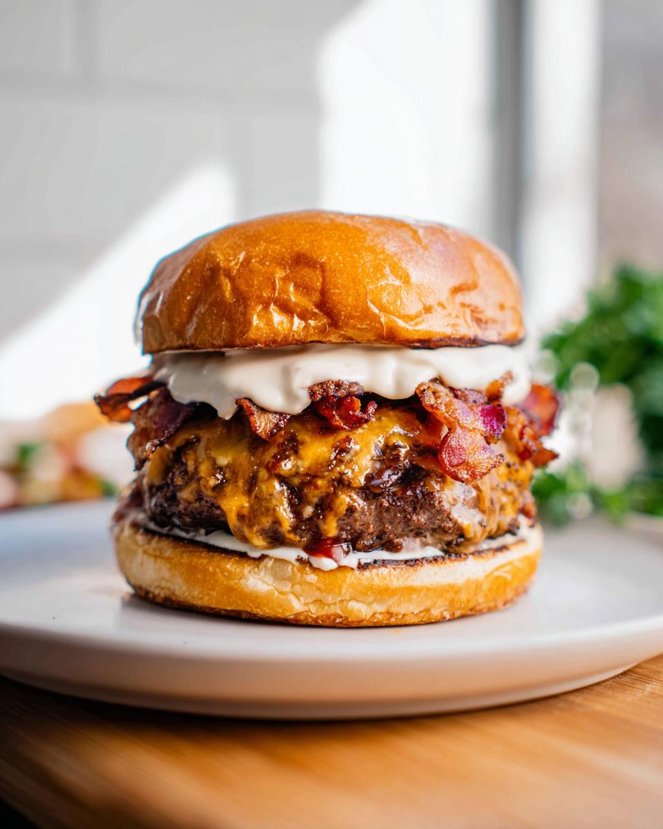 A close-up, appetizing shot of a fully loaded Crack Burger featuring a thick patty, melted cheese, crispy bacon, and white sauce on a toasted bun.