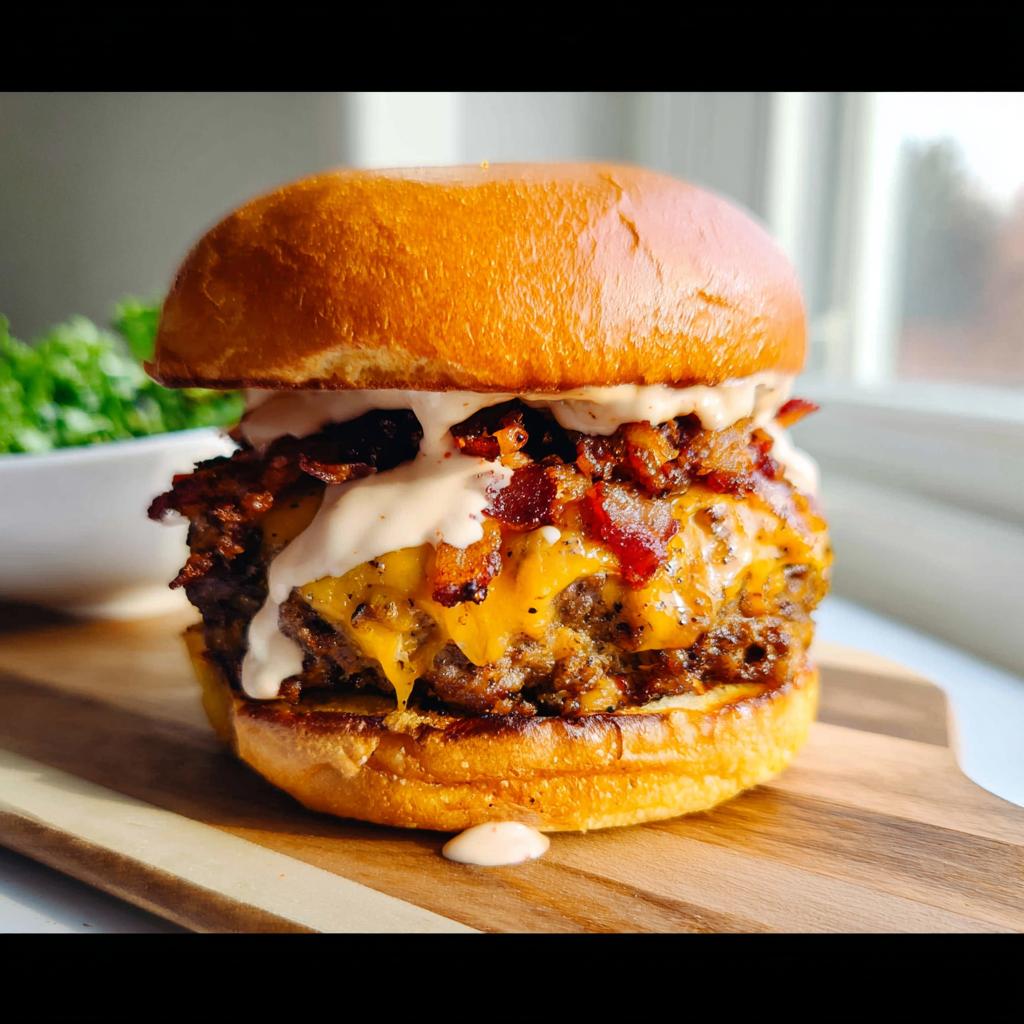 A tall, juicy Crack Burgers stacked high with melted cheese, bacon bits, and creamy sauce on a brioche bun.